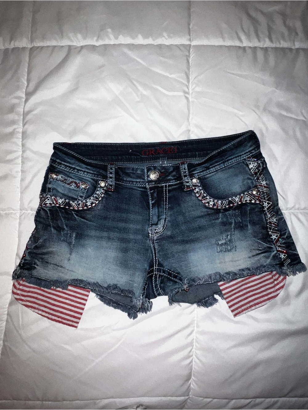 Grace in LA Distressed Denim Shorts with Red Stripe Accents - Blue